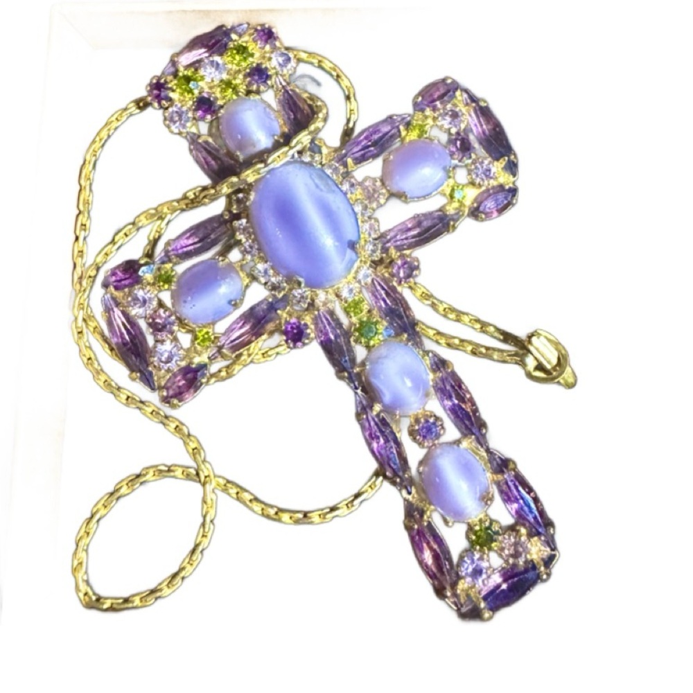 ALICE CAVINESS Purple Glass Cabochon & Rhinestone Cross Brooch/Pendant